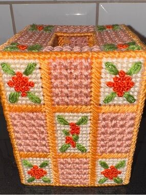 Handcrafted Crochet Flower Tissue Box Cover - Pink & Orange